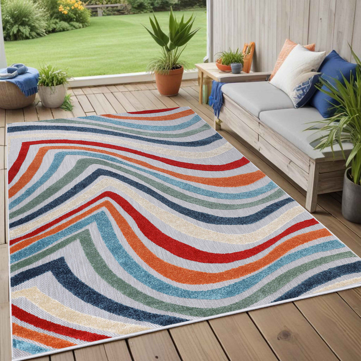 Wave Coastal Striped Area Rug Modern Multicolor Indoor Outdoor Rugs - Multicolor