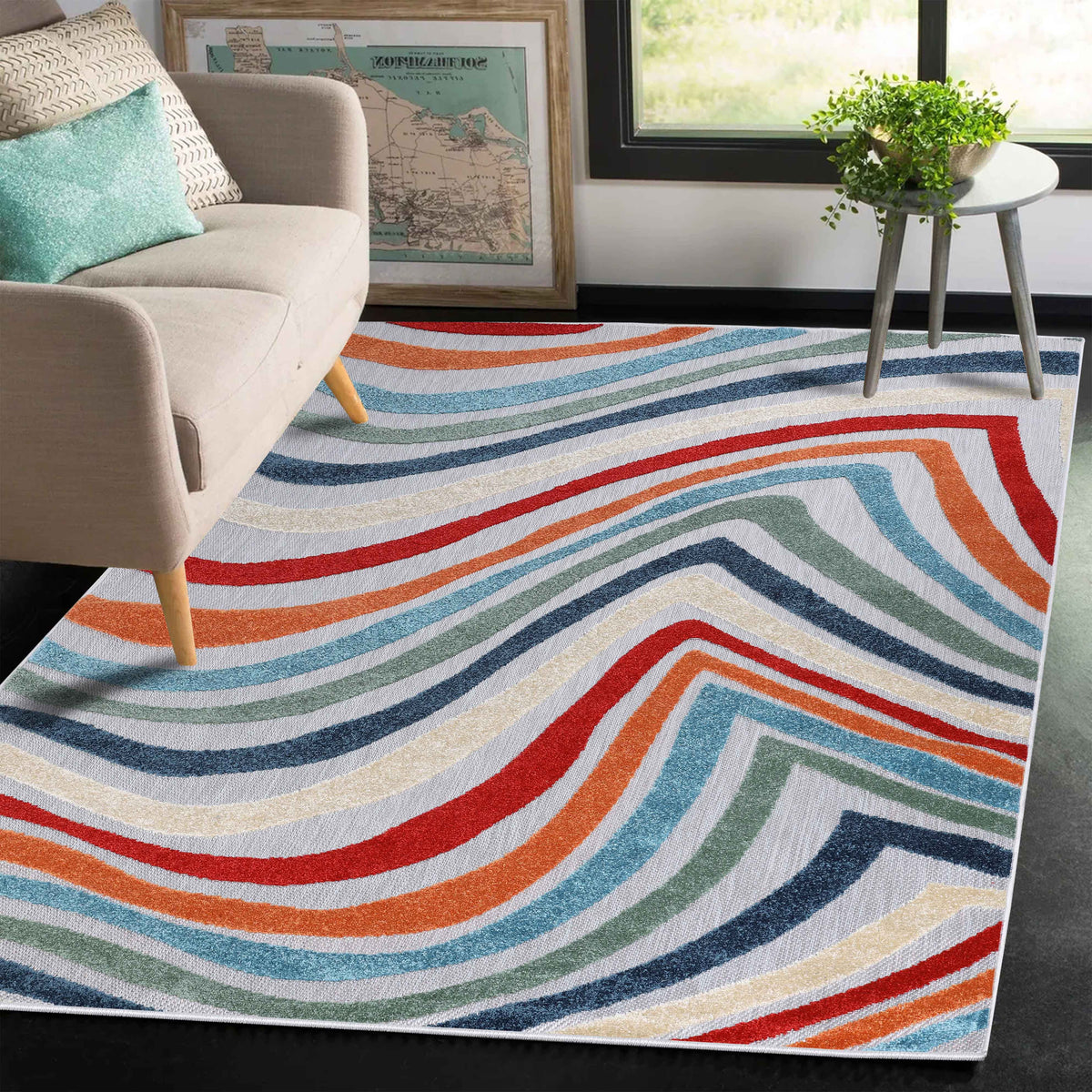 Wave Coastal Striped Area Rug Modern Multicolor Indoor Outdoor Rugs - Multicolor