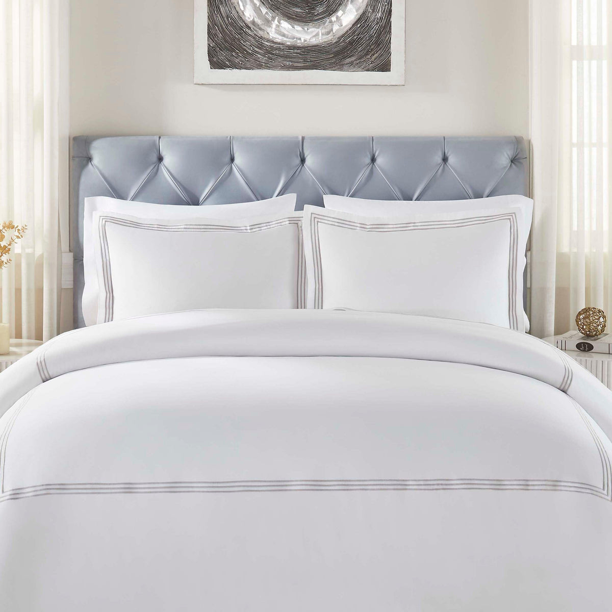 Brandon Cotton Three-Line Embroidered 3 Piece Duvet Cover Set - White-Silver