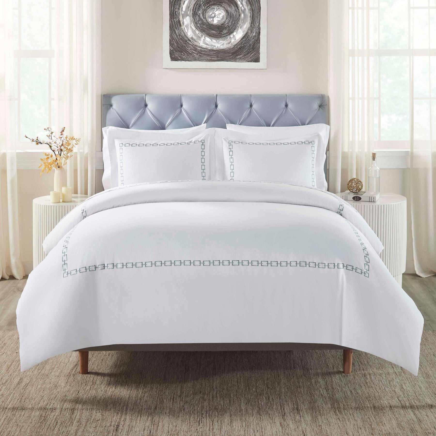 Chain Links Cotton Embroidered 3 Piece Duvet Cover Set - White-Silver