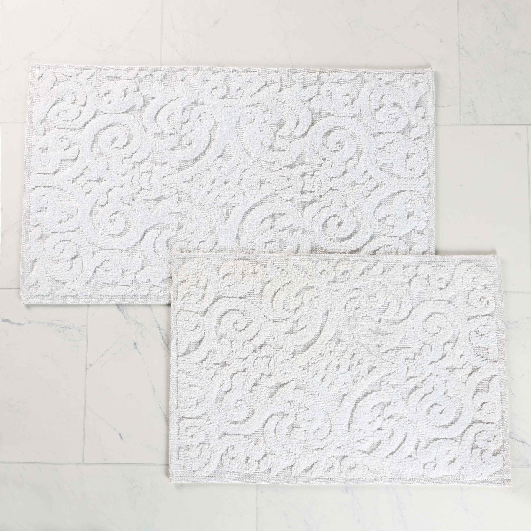 Venere Floral Scroll Textured Machine Washable Bath Rugs, Set of 2