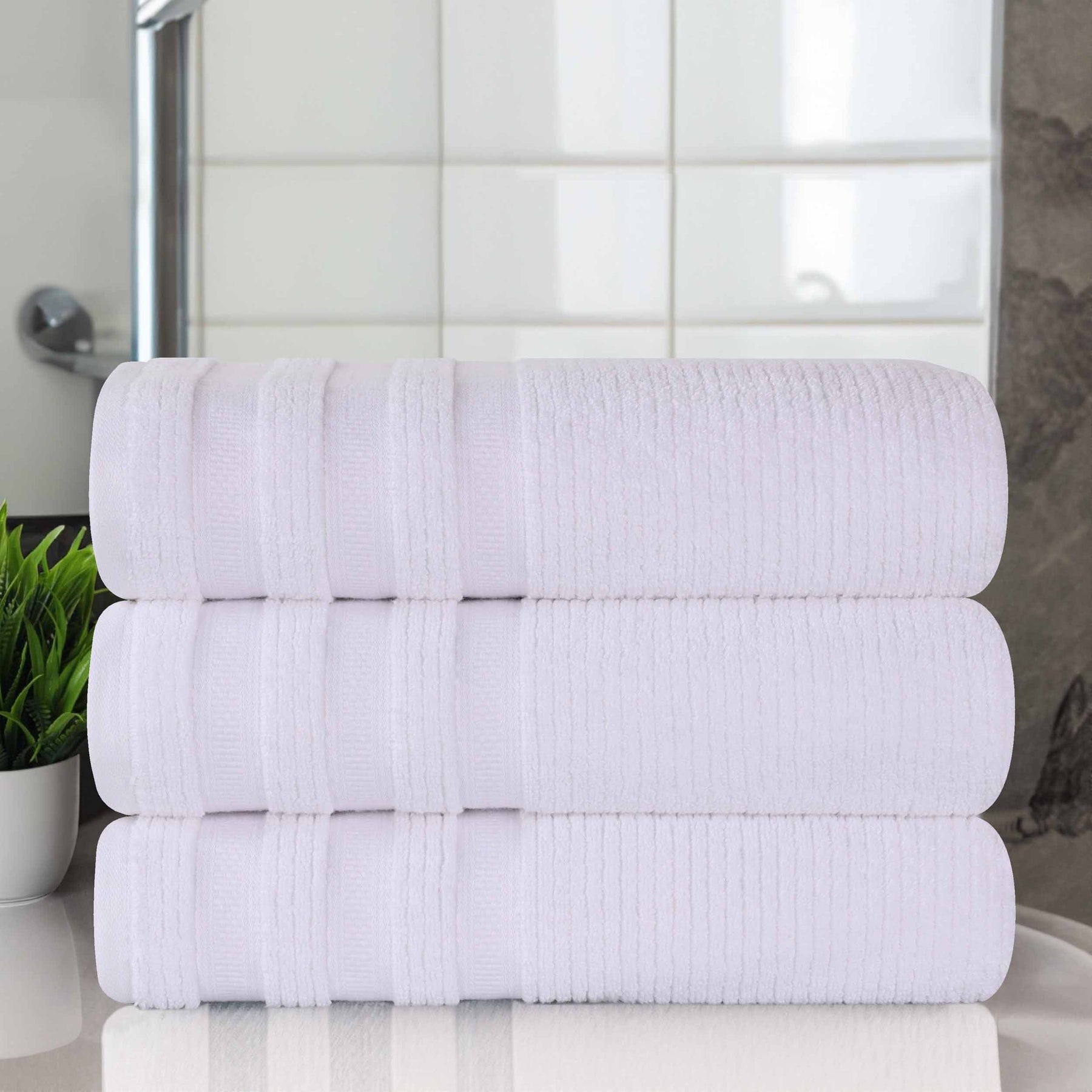 Brea Zero Twist Cotton Ribbed Geometric Border Bath Towel Set of 3