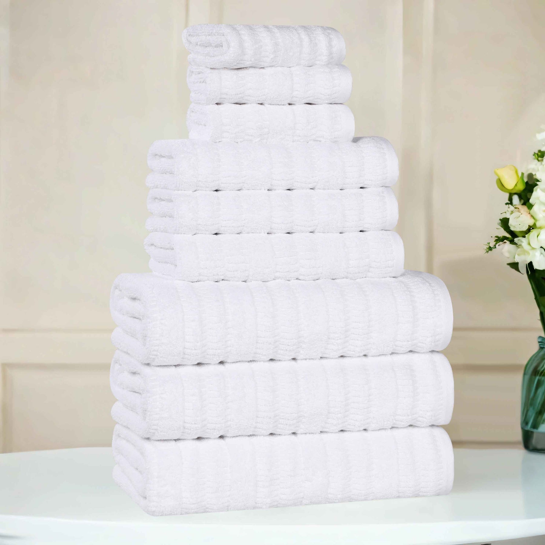 Mika Smart Twist Cotton Solid Textured Ribbed 9 Piece Towel Set