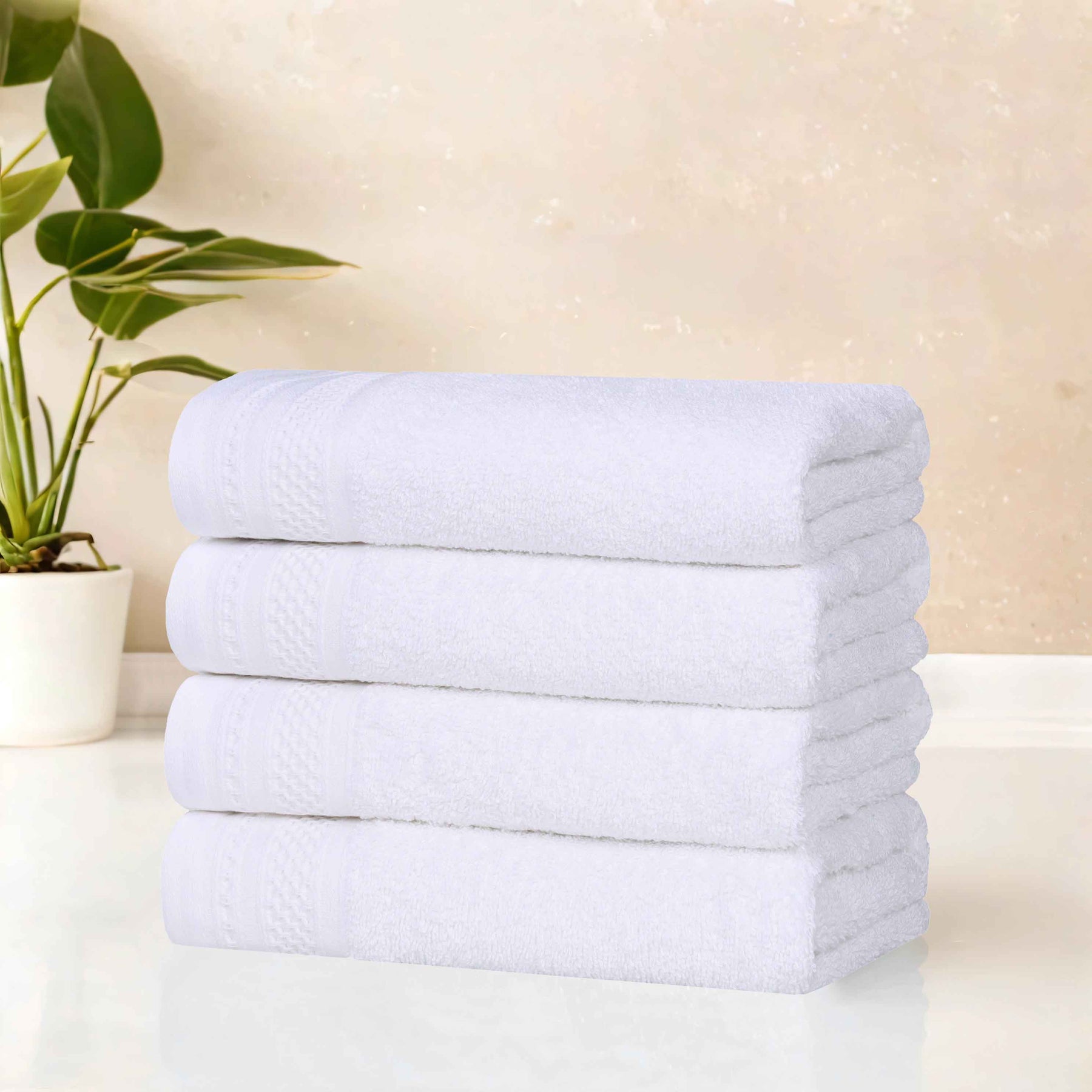 Honeycomb Textured Waffle Border Cotton Hand Towels, Set of 4