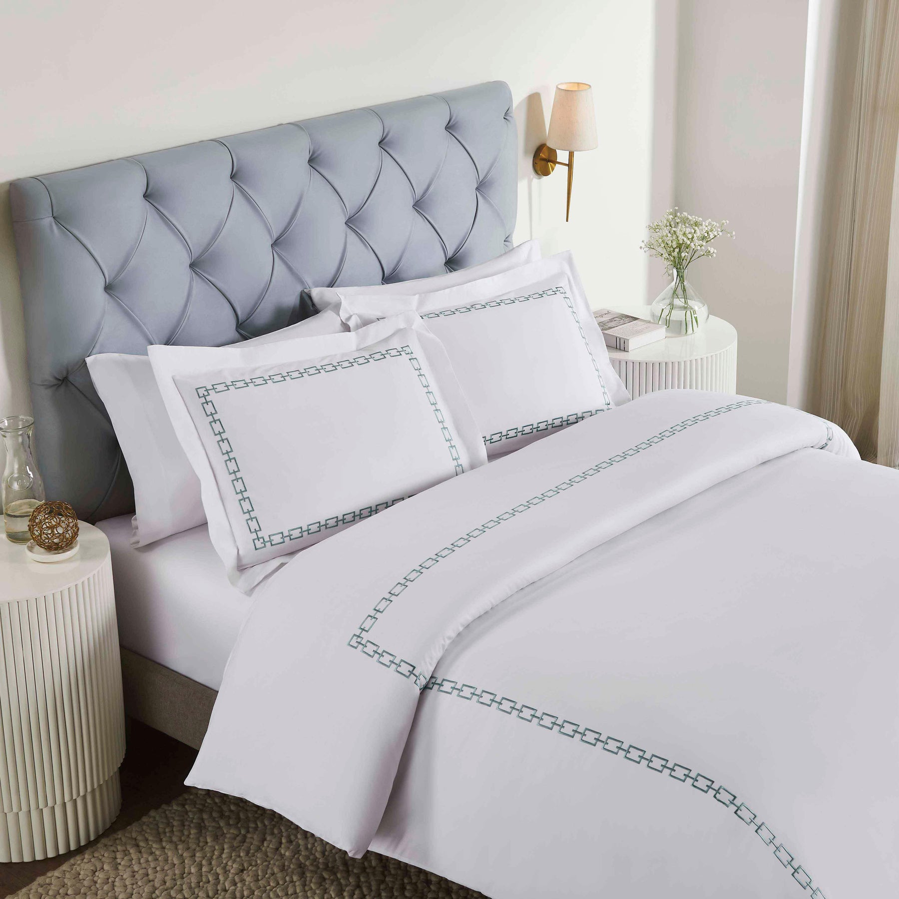 Chain Links Cotton Embroidered 3 Piece Duvet Cover Set - White-Silver