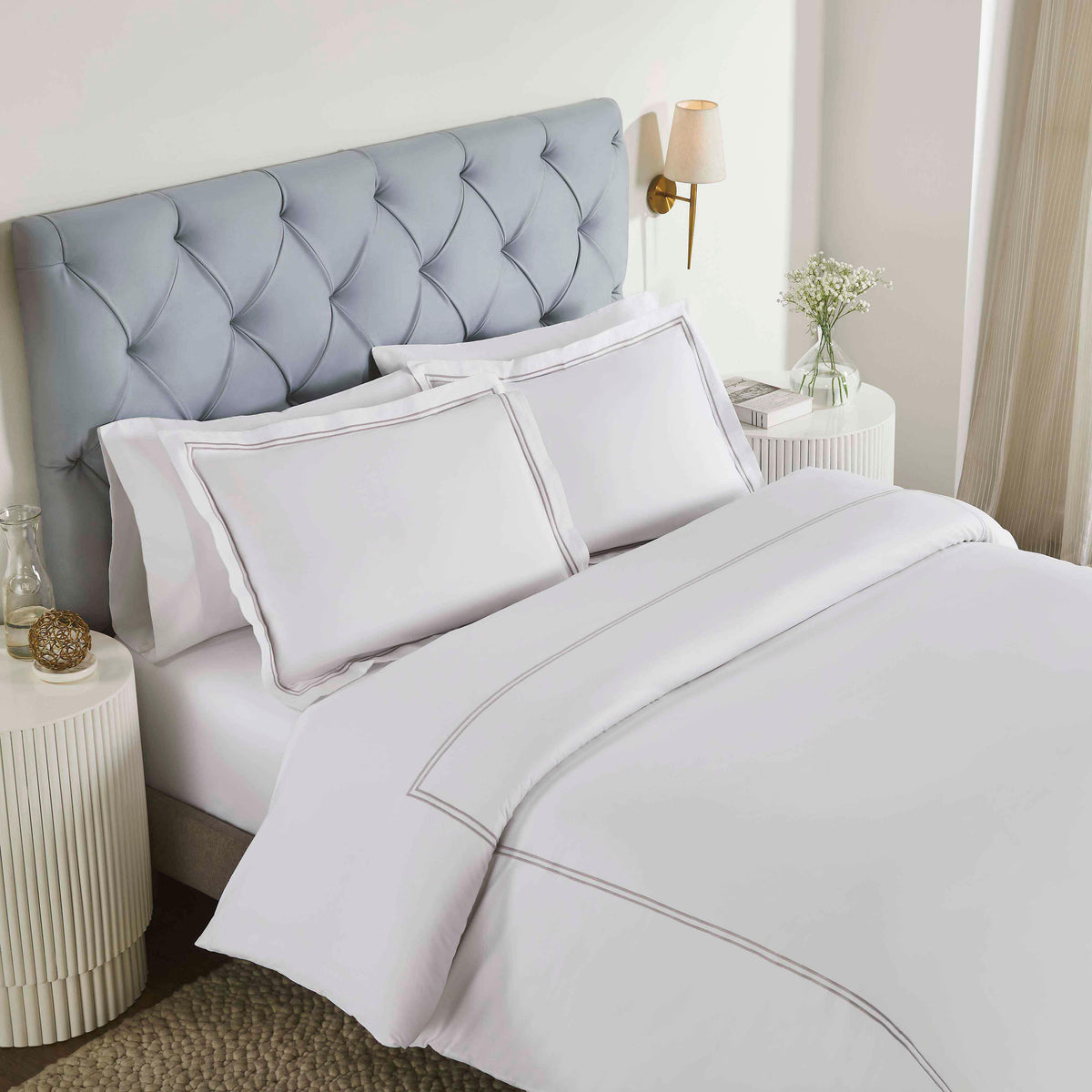 Fieldstone Cotton Two-Line Embroidered 3 Piece Duvet Cover Set - White-Silver