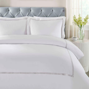 Fieldstone Cotton Two-Line Embroidered 3 Piece Duvet Cover Set - White-Silver