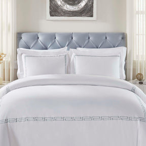 Harrison Cotton Greek Key Embroidered 3 Piece Duvet Cover Set - White-Silver