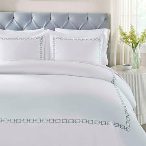 Chain Links Cotton Embroidered 3 Piece Duvet Cover Set - White-Silver