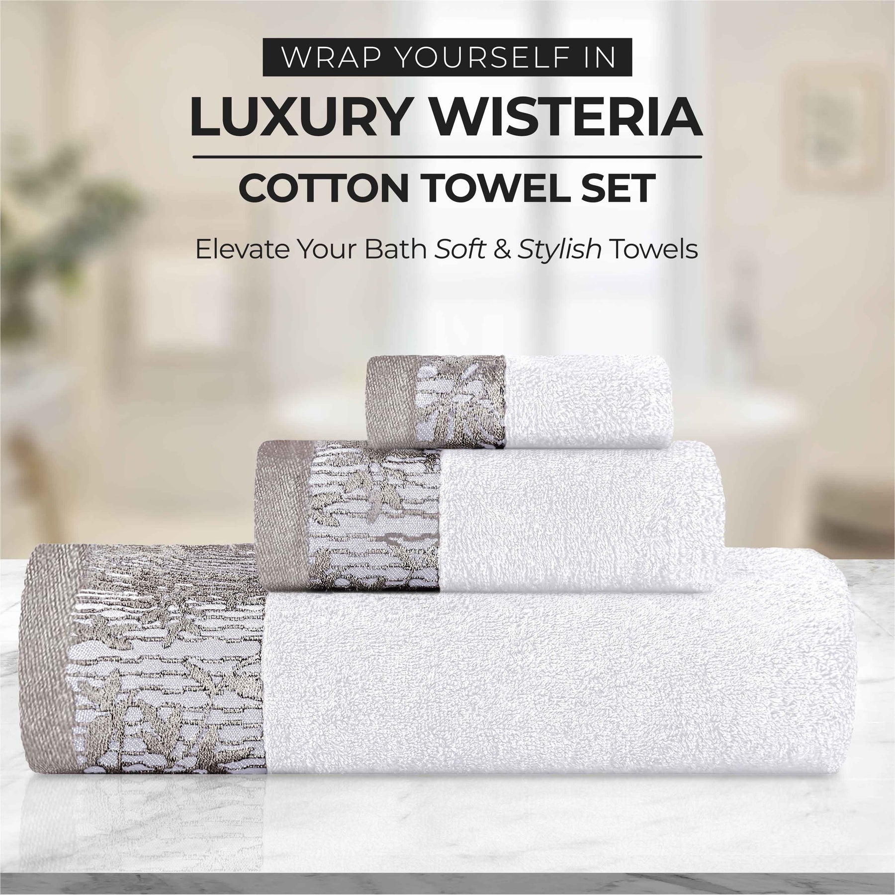 Wisteria Cotton Medium Weight Floral Jacquard Border 3 Piece Towel Set