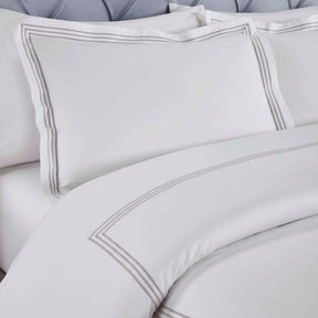 Brandon Cotton Three-Line Embroidered 3 Piece Duvet Cover Set - White-Silver