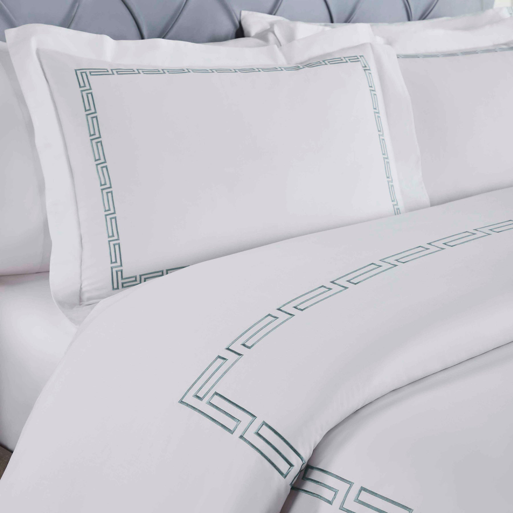 Harrison Cotton Greek Key Embroidered 3 Piece Duvet Cover Set - White-Silver