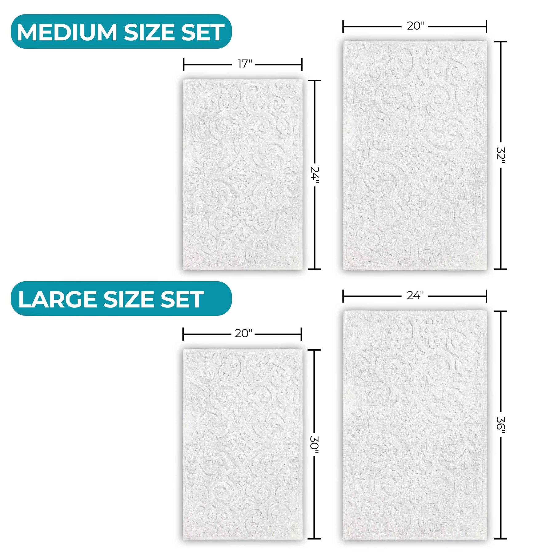 Venere Floral Scroll Textured Machine Washable Bath Rugs, Set of 2