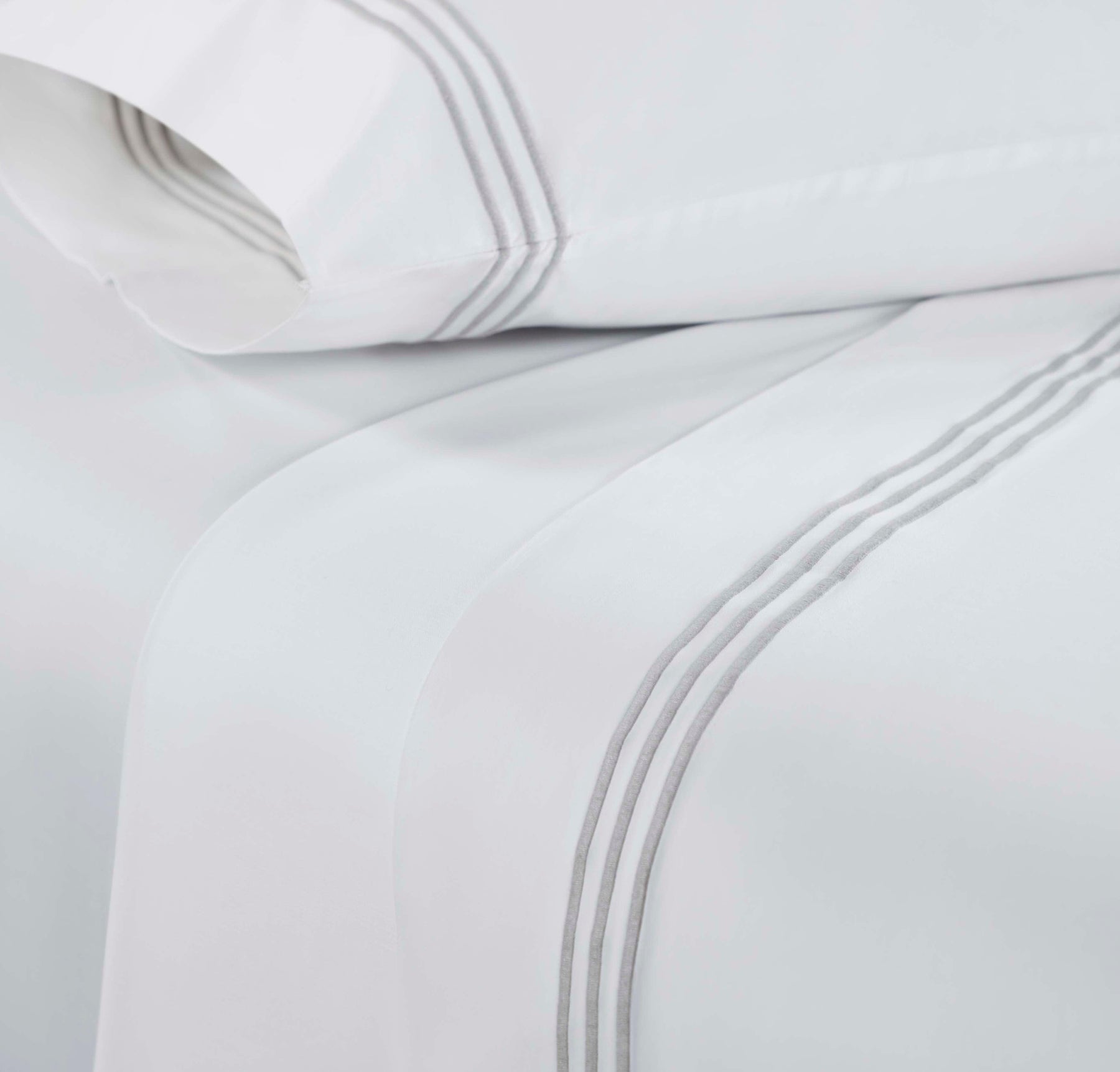 Brandon Cotton Three-Line Embroidered Deep Pocket Bed Sheet Set - White-Silver