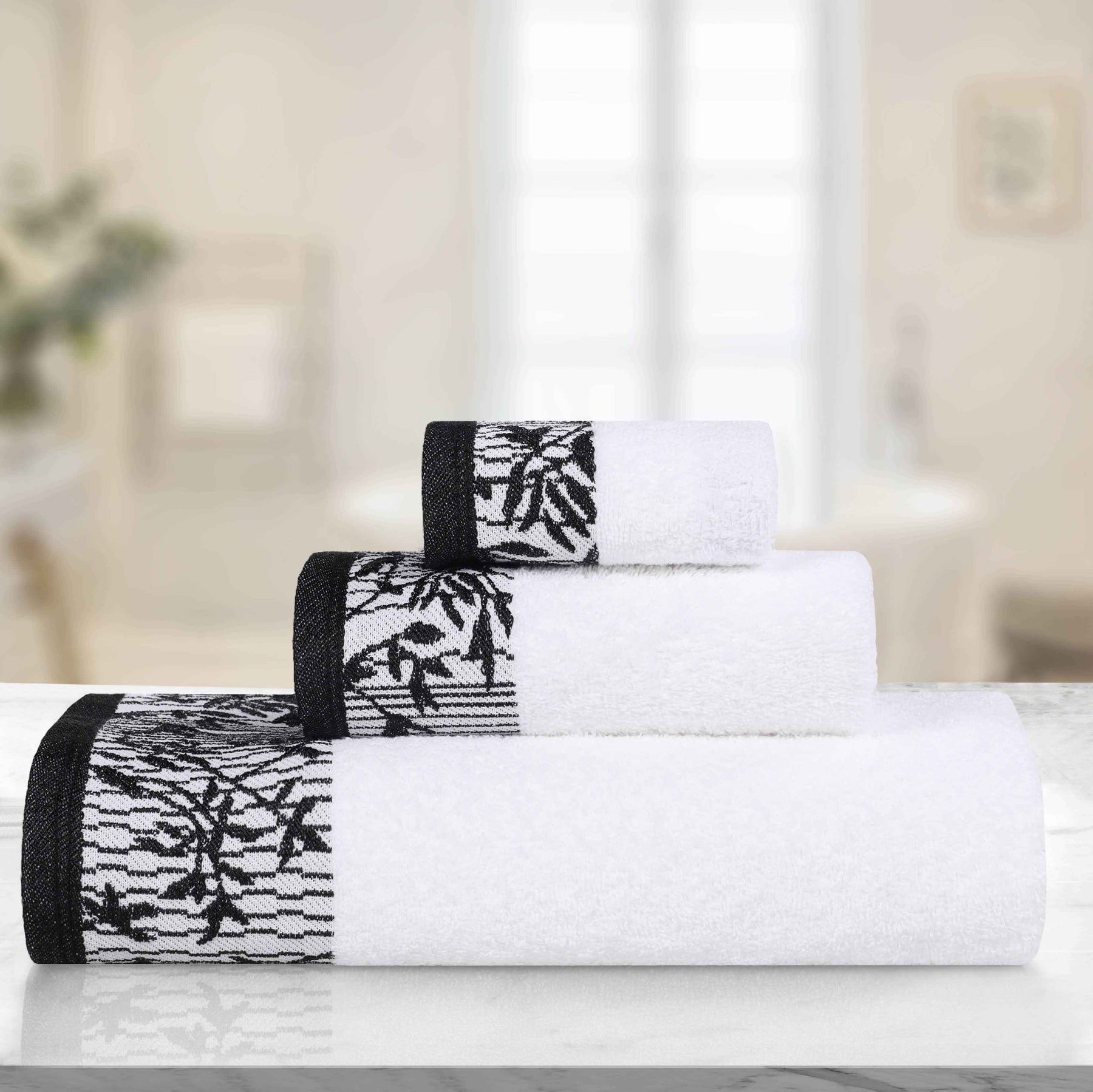 Wisteria Cotton Medium Weight Floral Jacquard Border 3 Piece Towel Set