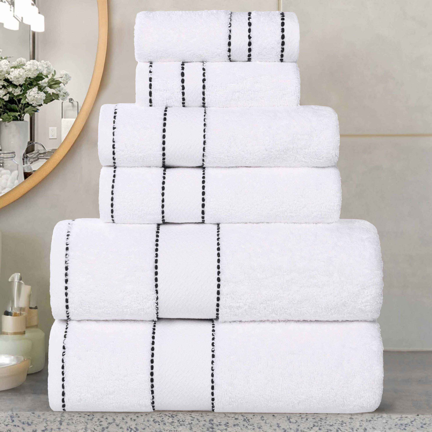 Niles Egyptian Giza Cotton Plush Heavyweight Soft 6 Piece Towel Set - White-Black