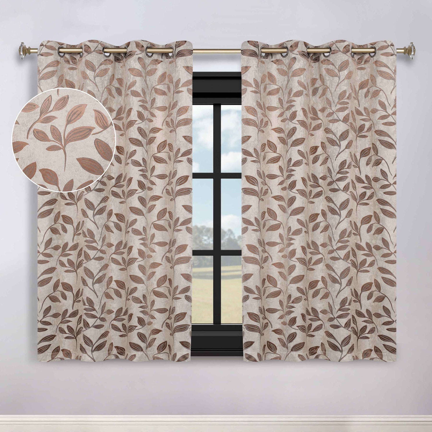 Leaves Room Darkening Washable Blackout Curtain Panels, Set of 2 - White/Copper