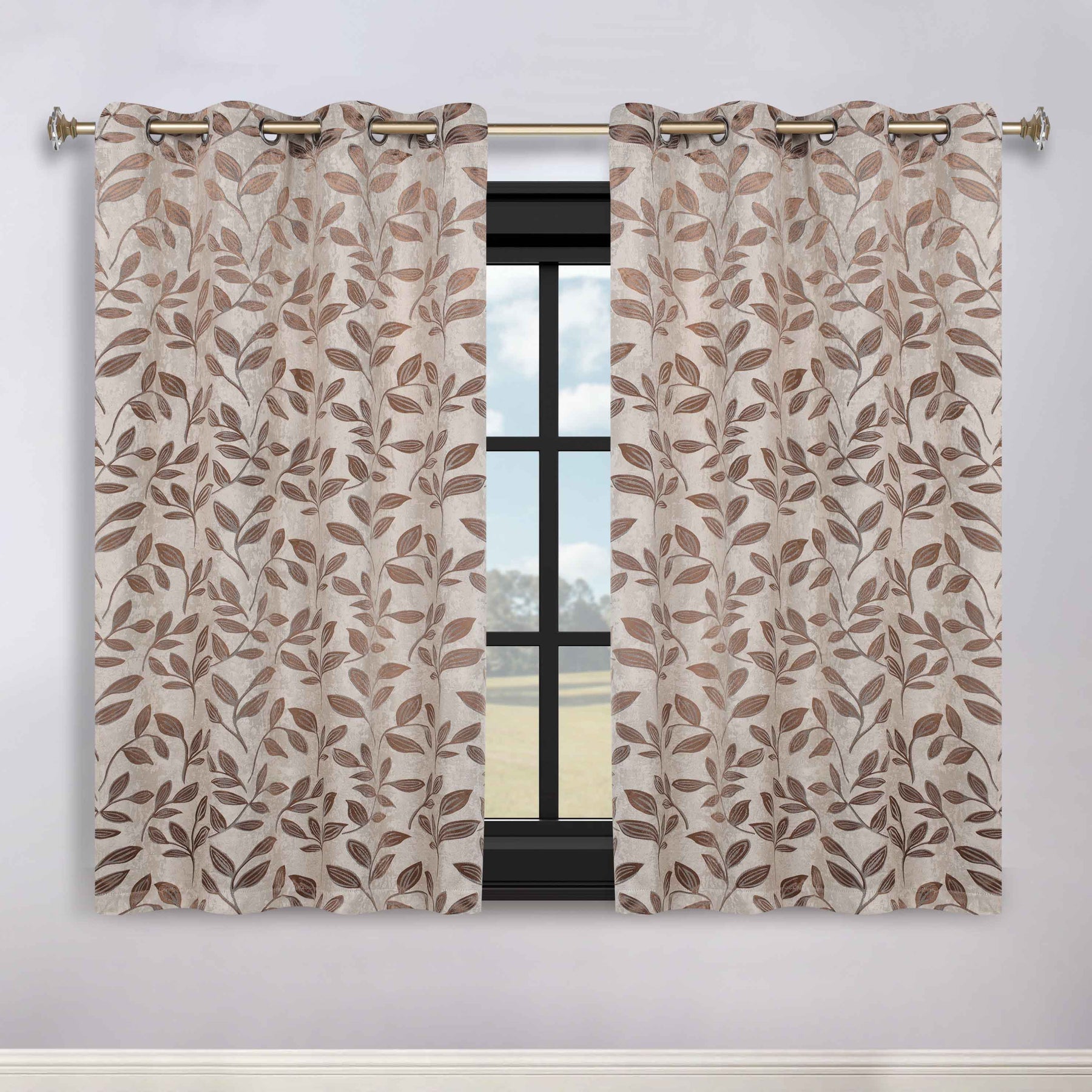 Leaves Room Darkening Washable Blackout Curtain Panels, Set of 2 - White/Copper