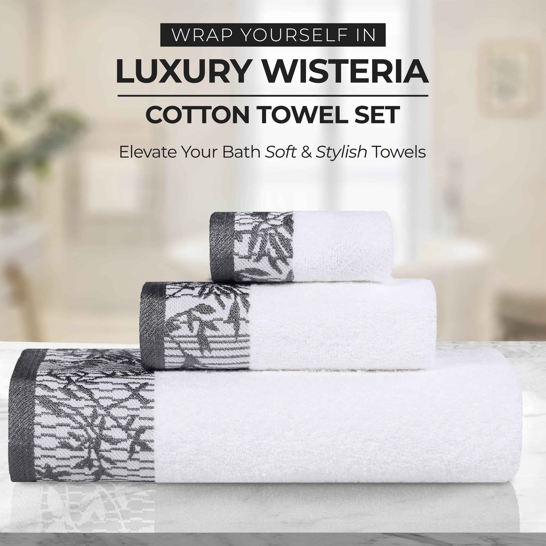 Wisteria Cotton Medium Weight Floral Jacquard Border 6 Piece Towel Set