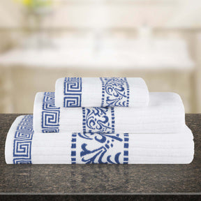 Athens Cotton Medium Weight Floral Greek Key Trim 3 Piece Towel Set