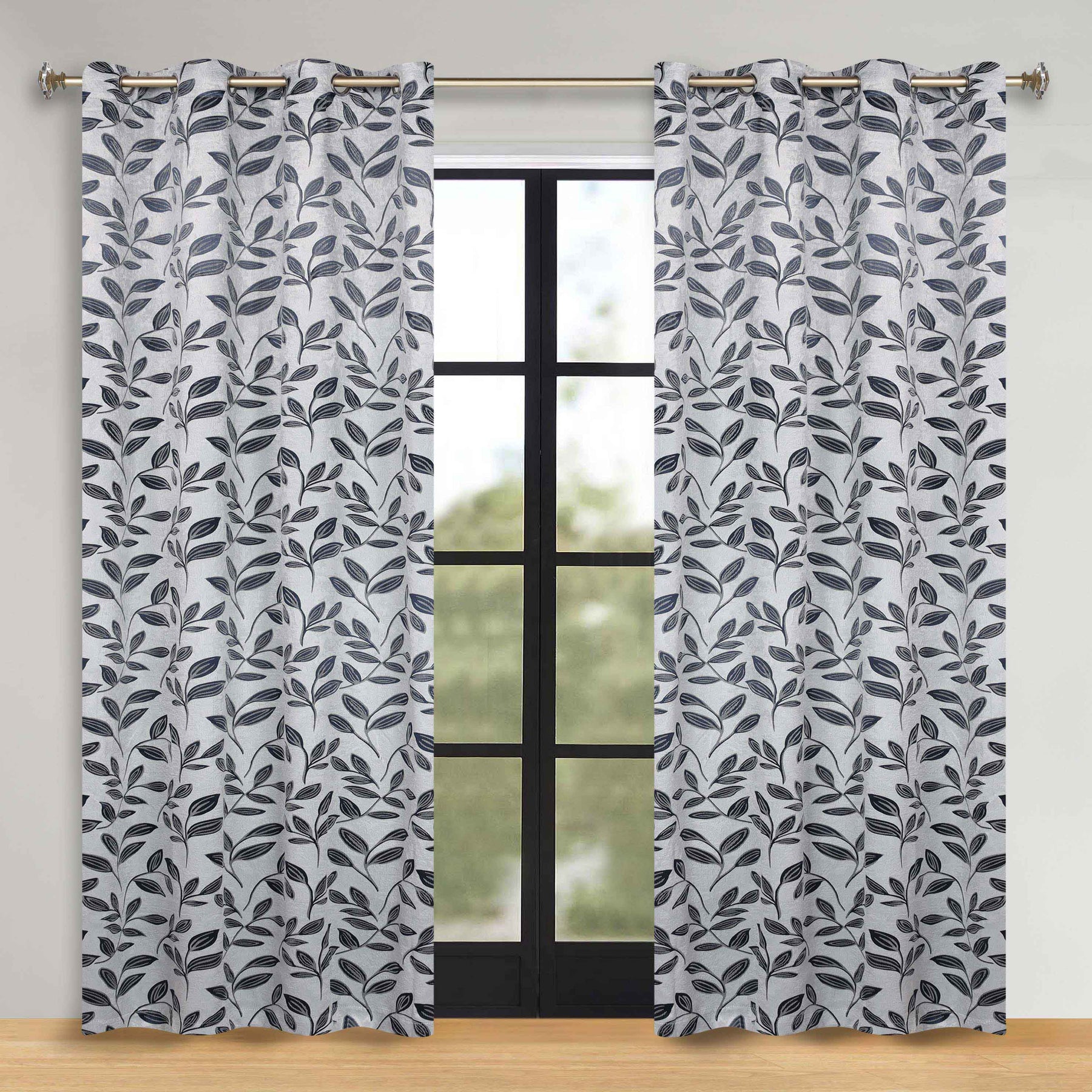 Leaves Room Darkening Washable Blackout Curtain Panels, Set of 2 - White/NavyBlue