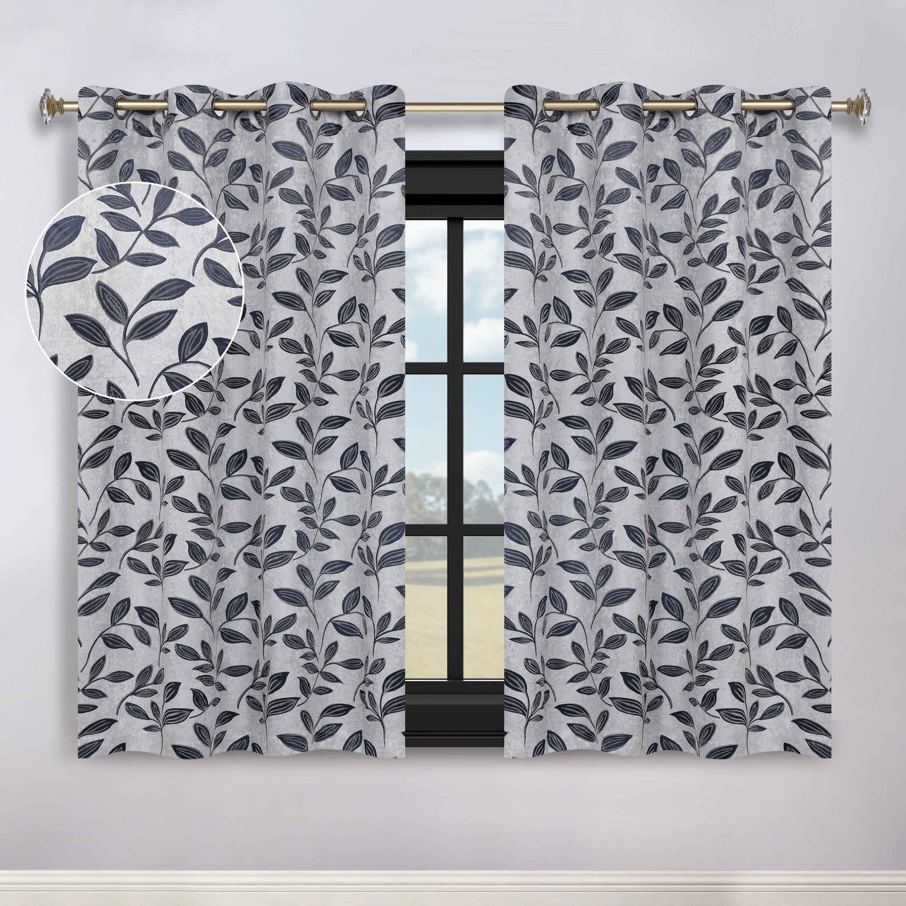 Leaves Room Darkening Washable Blackout Curtain Panels, Set of 2 - White/NavyBlue