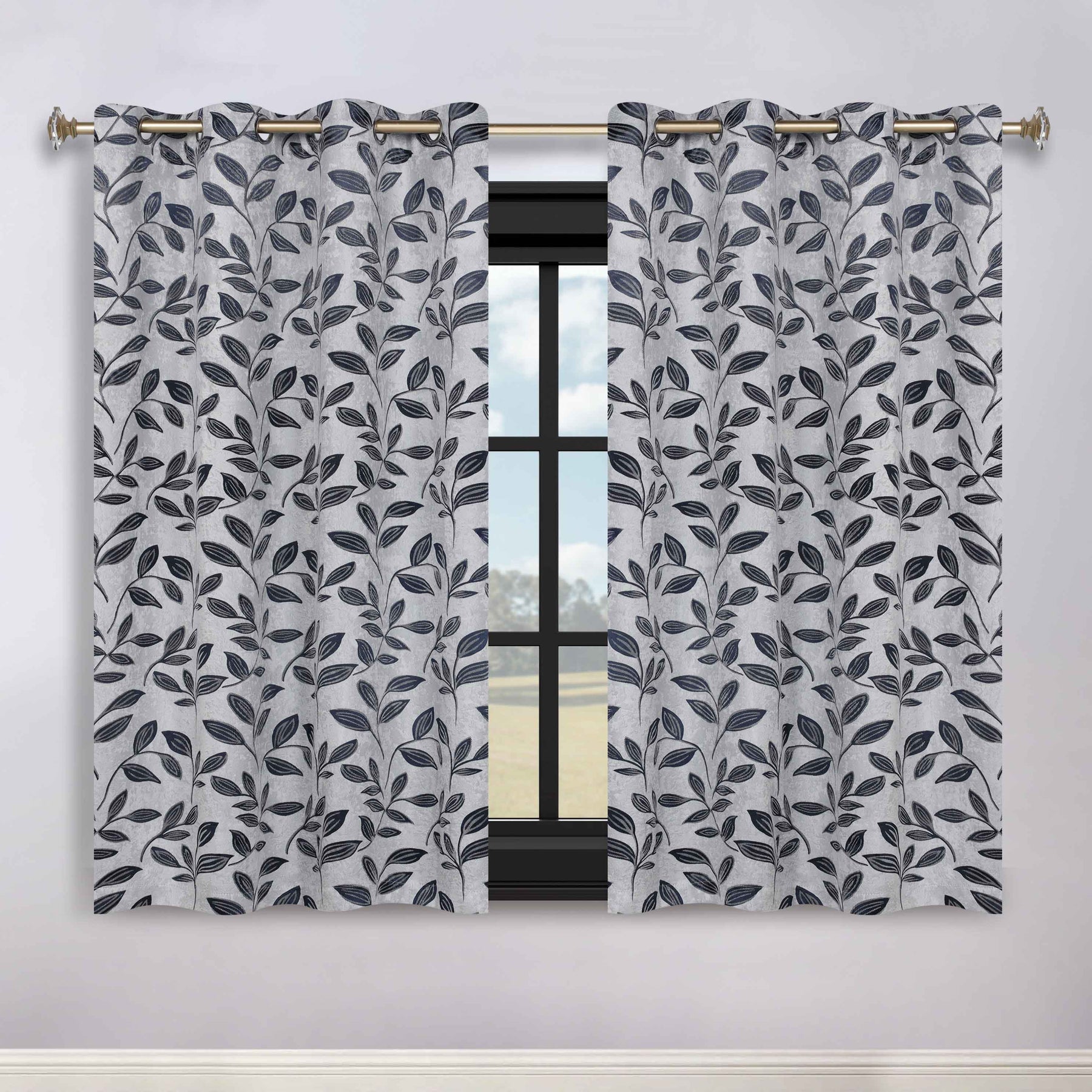 Leaves Room Darkening Washable Blackout Curtain Panels, Set of 2 - White/NavyBlue