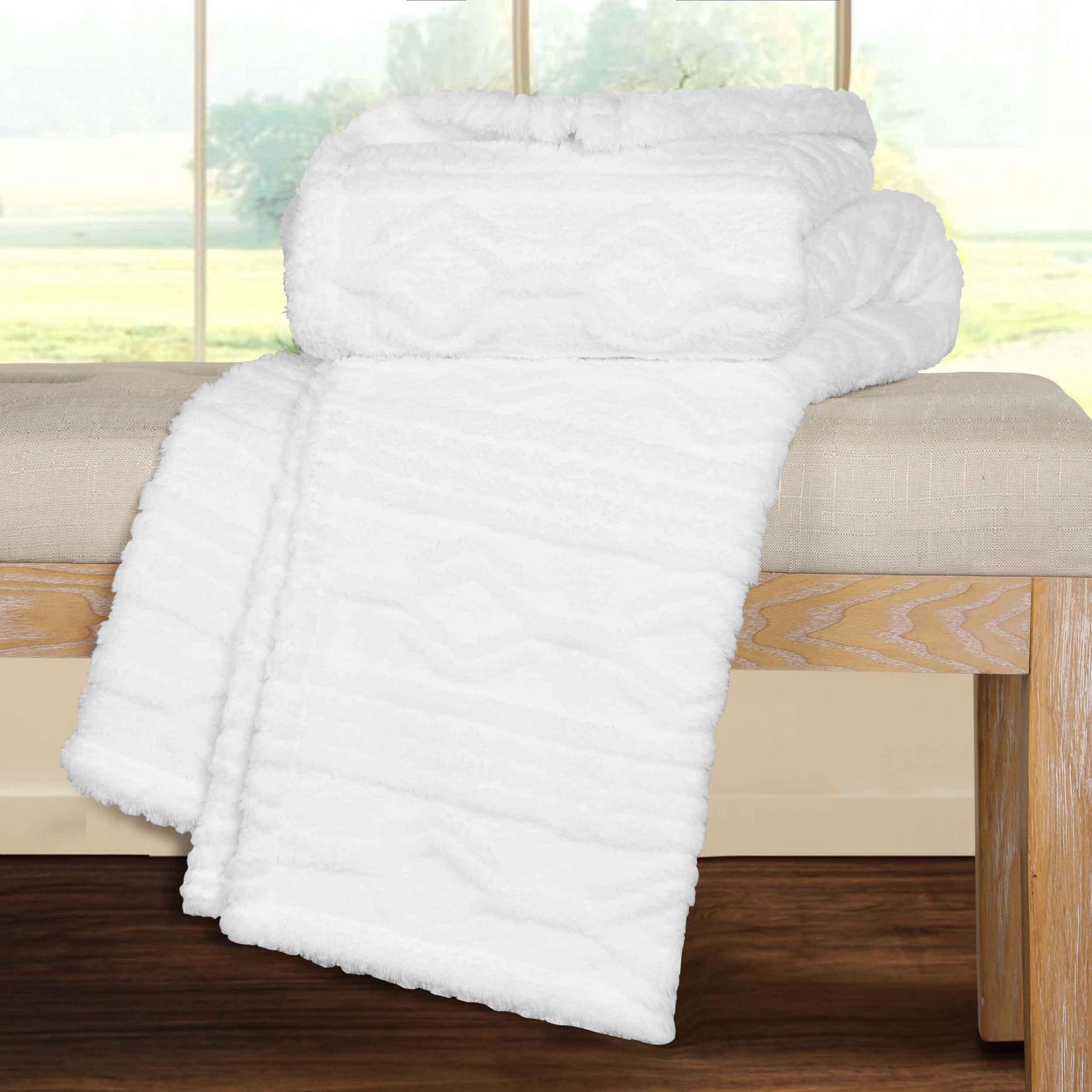 Arctic Boho Knit Jacquard Fleece Plush Medium Weight Fluffy Blanket - White