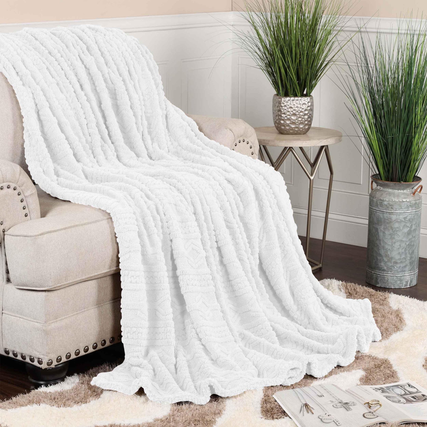 Arctic Boho Knit Jacquard Fleece Plush Medium Weight Fluffy Blanket - White