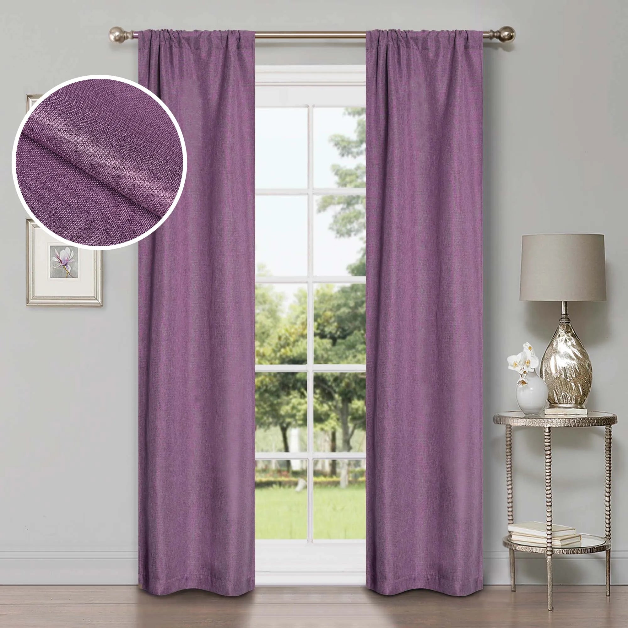 Linen Pattern Washable Room Darkening Blackout Curtains, Set of 2