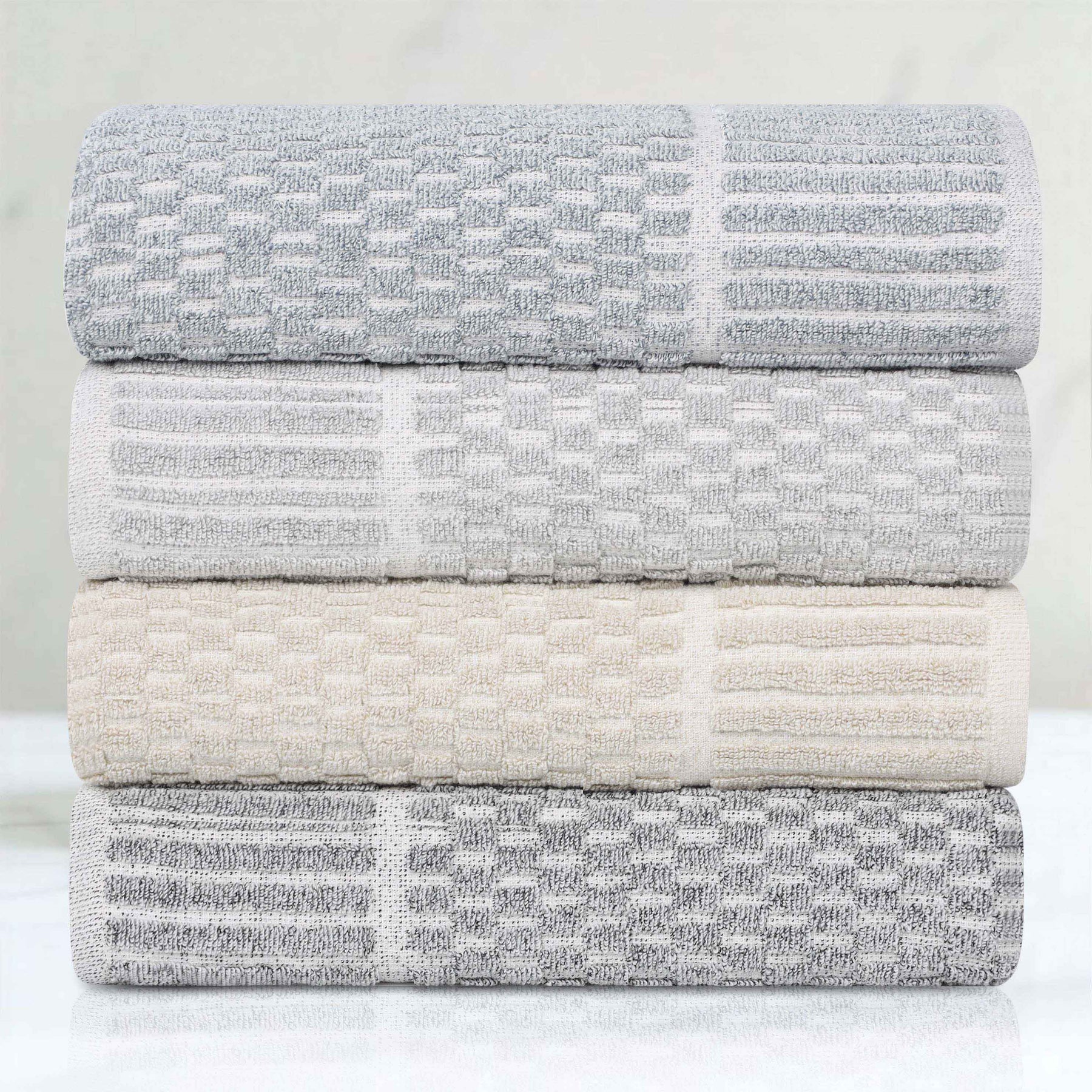 Juno Cotton Blend Textured Checkered Ribbed Border Bath Towels, Set of 2