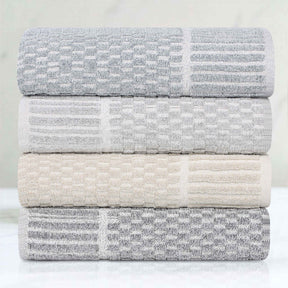 Juno Cotton Blend Checkered Ribbed Border Face Towels Washcloths, Set of 12