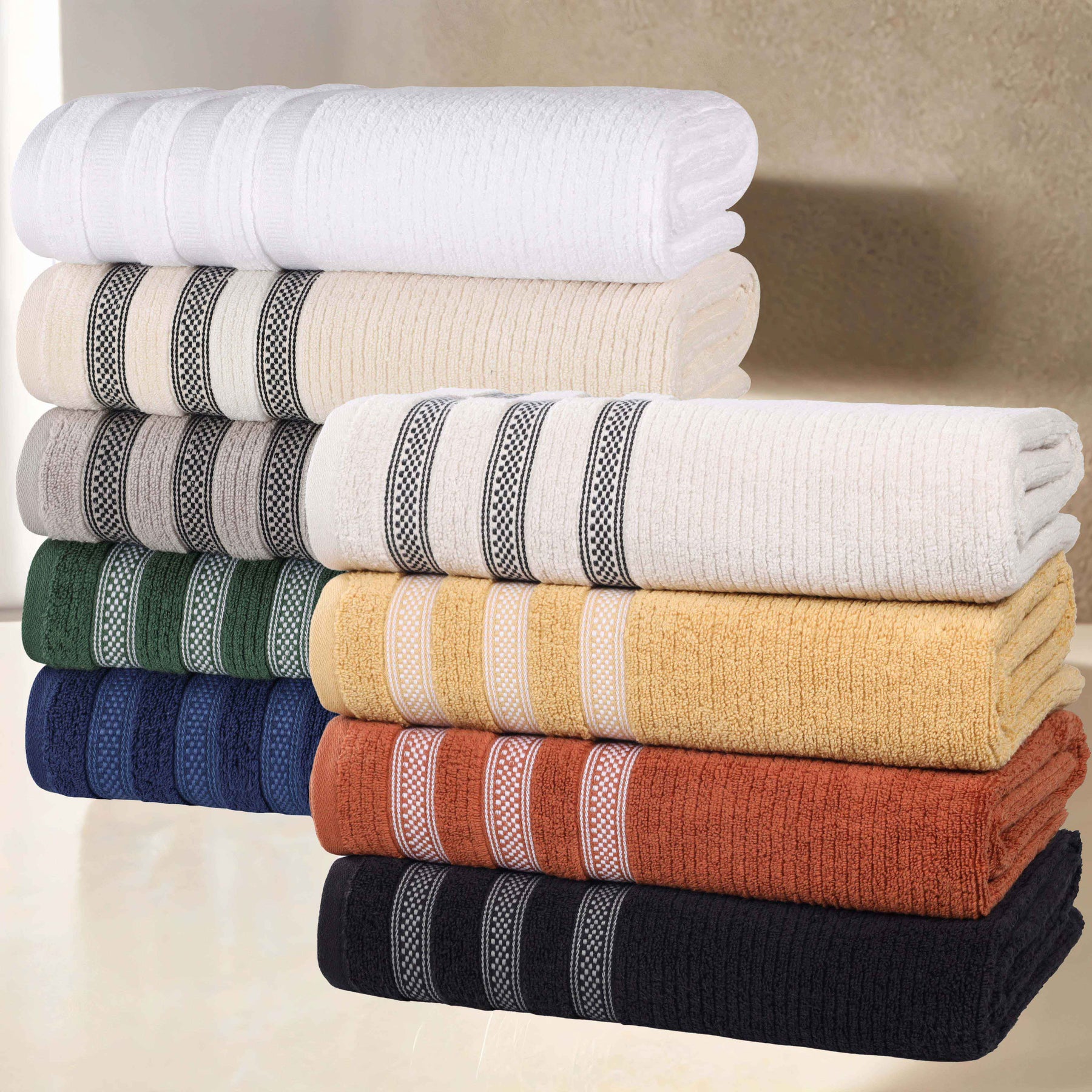 Brea Zero Twist Cotton Ribbed Geometric Border Face Towel Set of 12