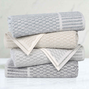 Juno Cotton Blend Textured Checkered Ribbed Border 3 Piece Towel Set