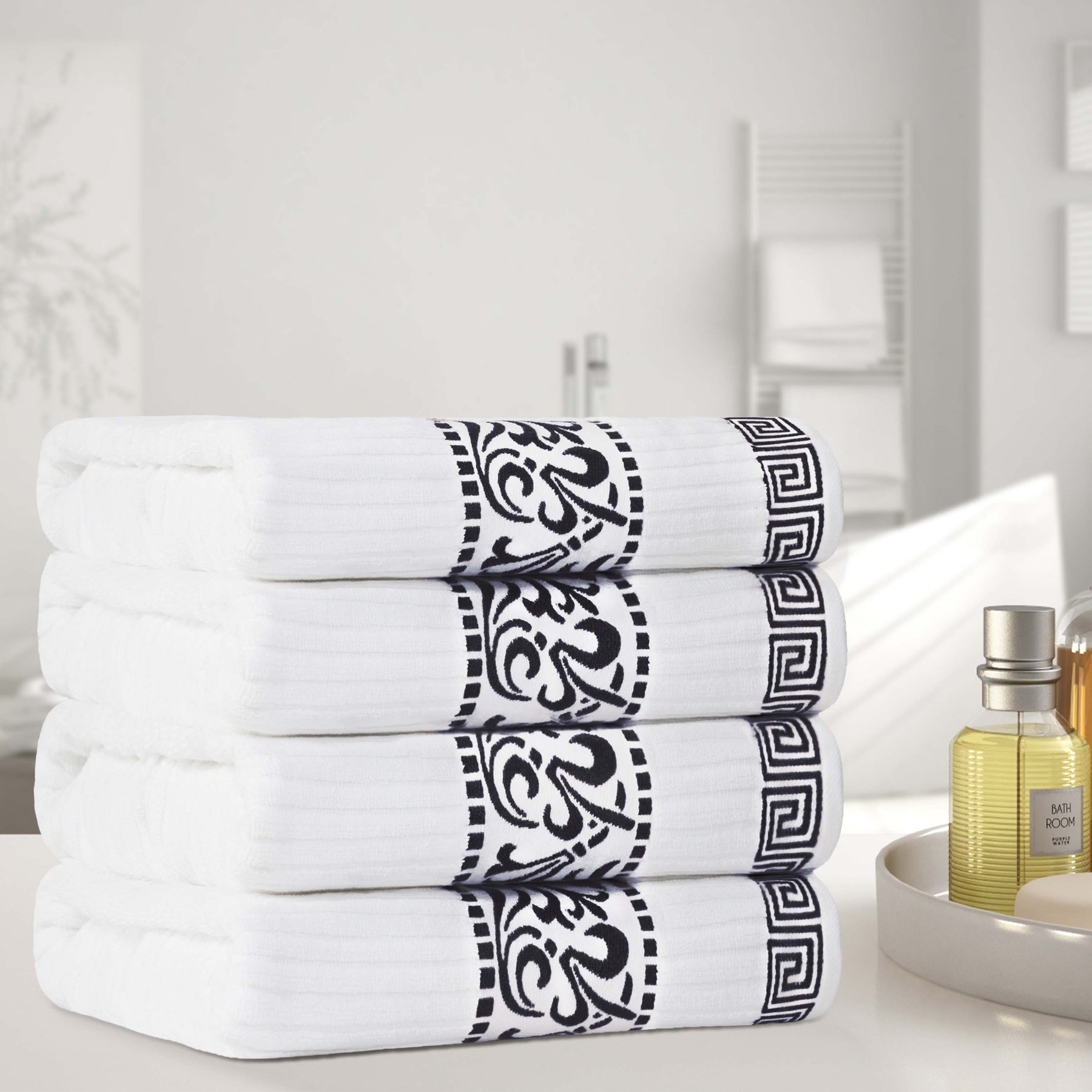 Athens Cotton Greek Key Trim Bath Towel Set of 4 - Bath Towel by Superior