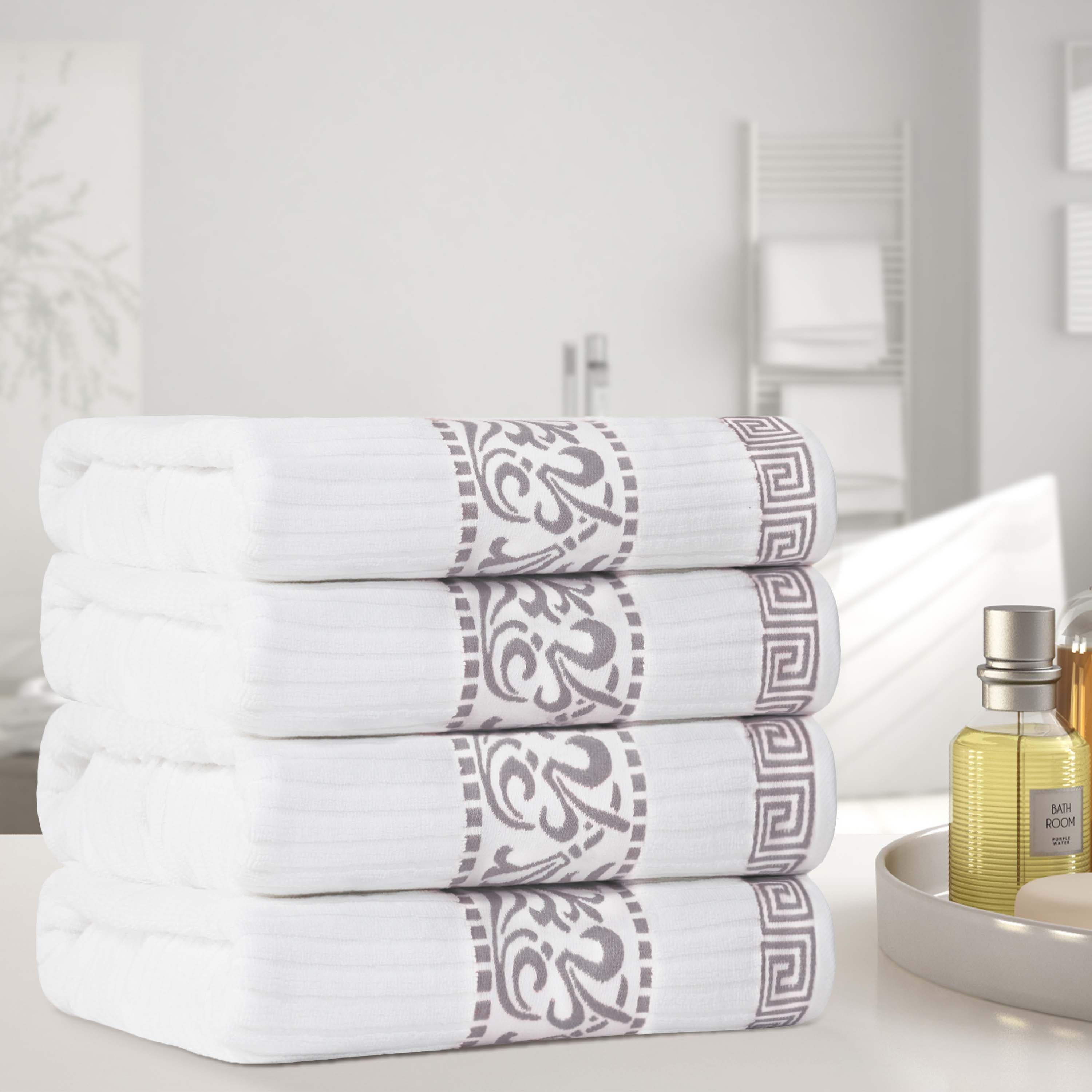 Athens Cotton Greek Key Trim Bath Towel Set of 4 - Bath Towel by Superior