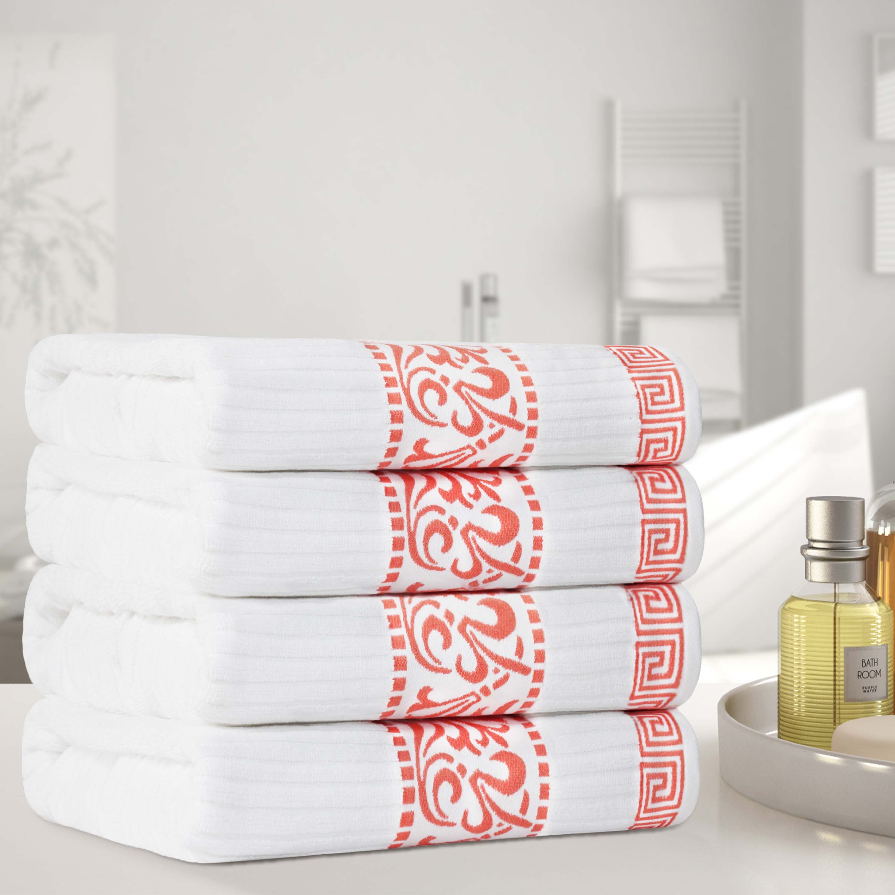 Athens Cotton Greek Key Trim Bath Towel Set of 4 - Bath Towel by Superior