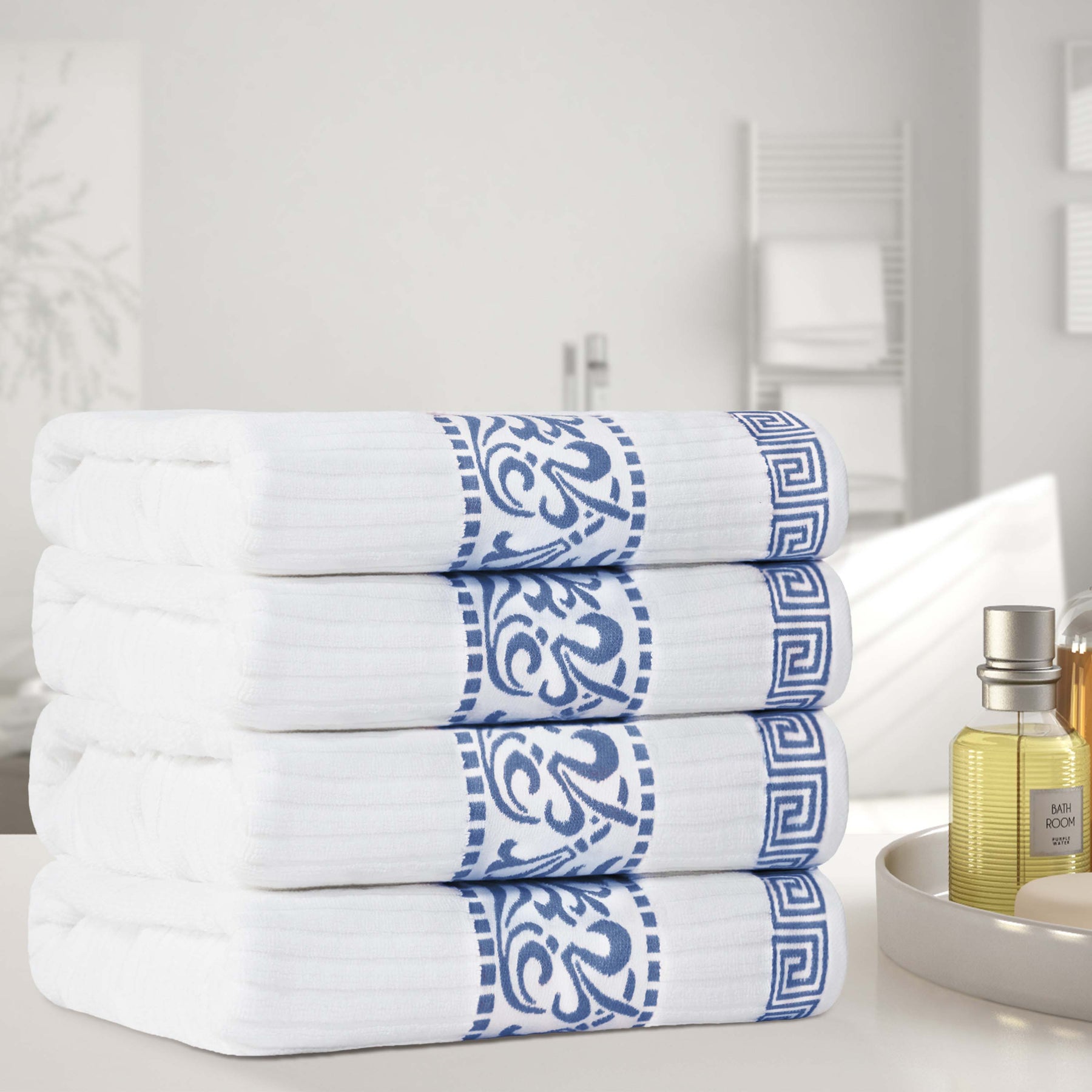 Athens Cotton Greek Key Trim Bath Towel Set of 4 - Bath Towel by Superior