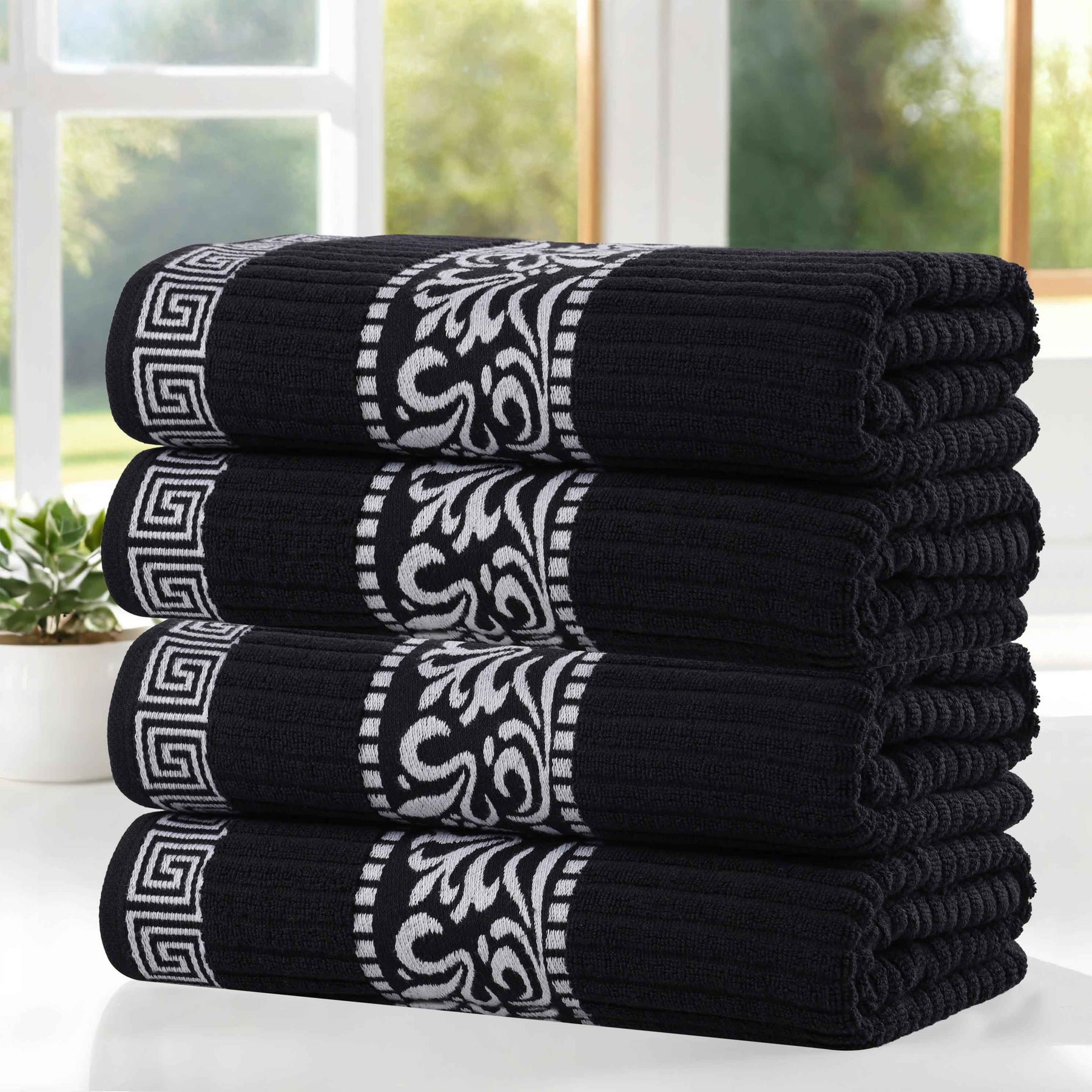 Athens Cotton Greek Key Trim Bath Towel Set of 4 - Bath Towel by Superior