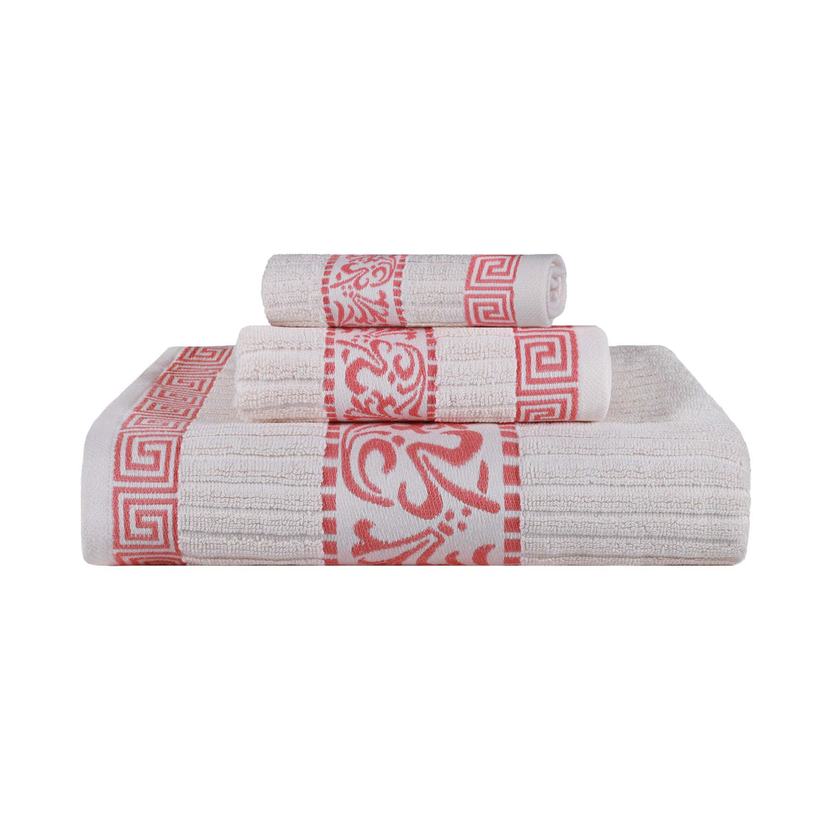 Athens Cotton Medium Weight Floral Greek Key Trim 3 Piece Towel Set - Towel Set by Superior