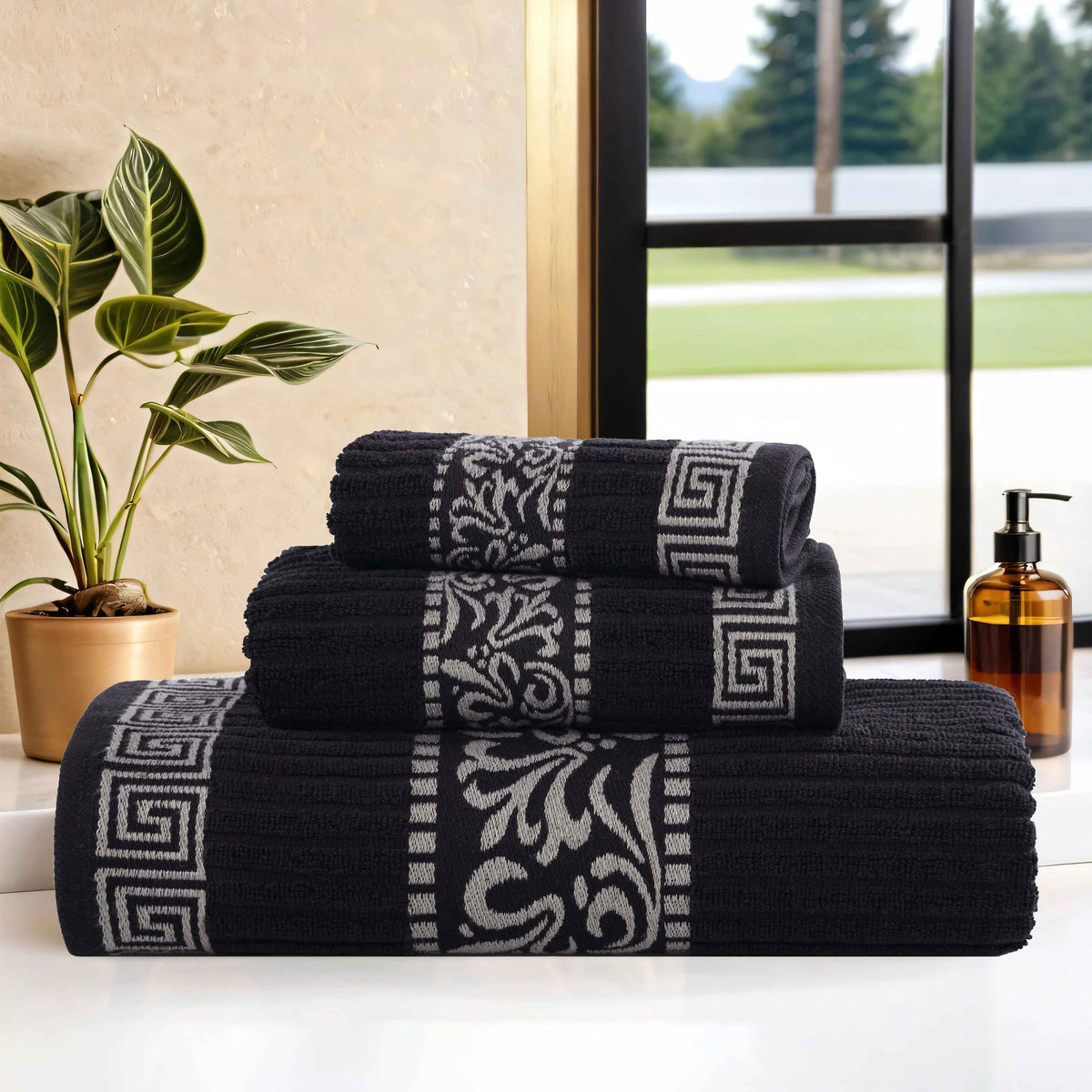 Athens Cotton Medium Weight Floral Greek Key Trim 3 Piece Towel Set - Towel Set by Superior