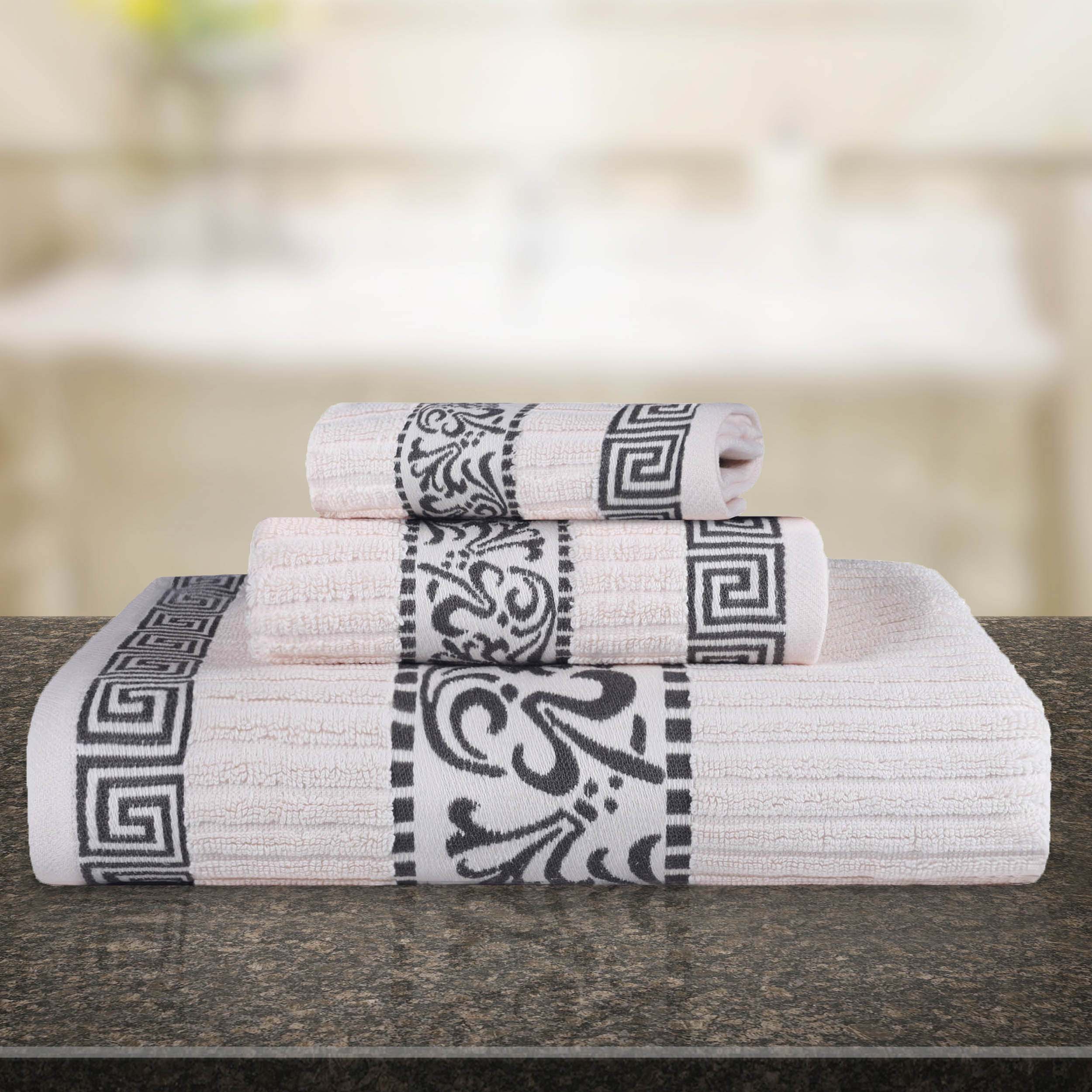 Athens Cotton Medium Weight Floral Greek Key Trim 3 Piece Towel Set - Towel Set by Superior