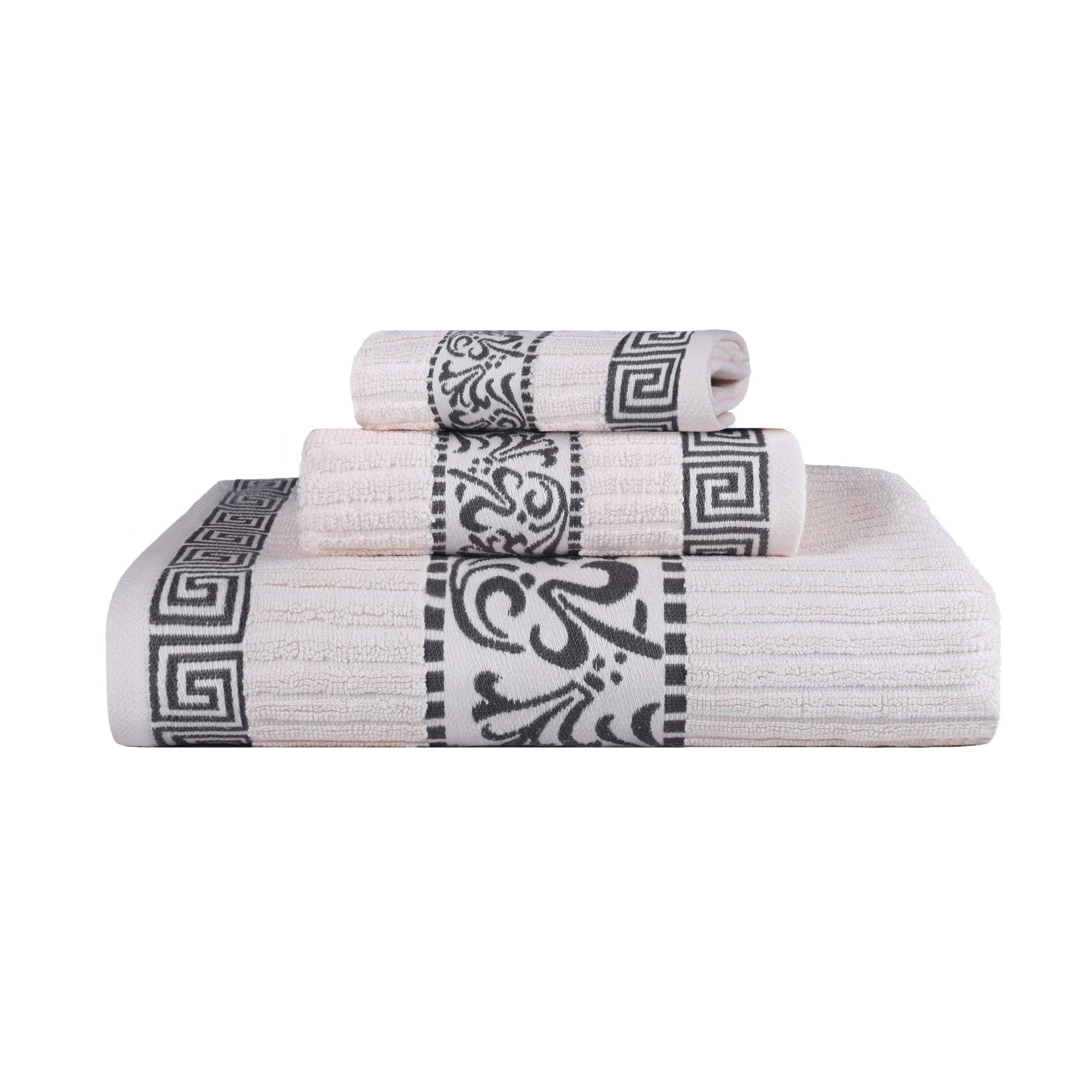 Athens Cotton Medium Weight Floral Greek Key Trim 3 Piece Towel Set - Towel Set by Superior