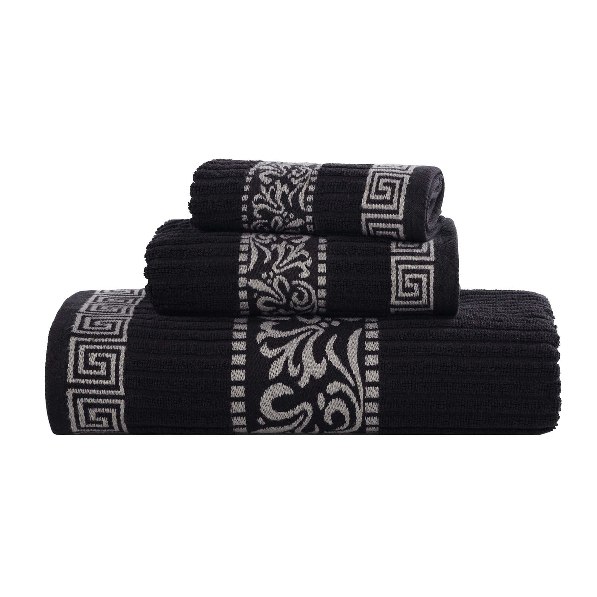 Athens Cotton Medium Weight Floral Greek Key Trim 3 Piece Towel Set - Towel Set by Superior