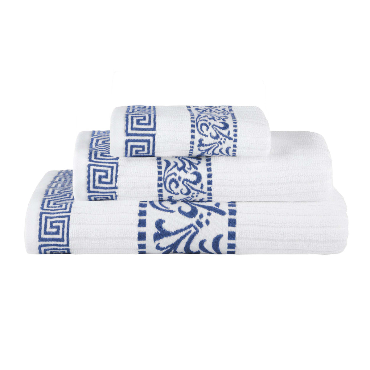 Athens Cotton Medium Weight Floral Greek Key Trim 3 Piece Towel Set - Towel Set by Superior