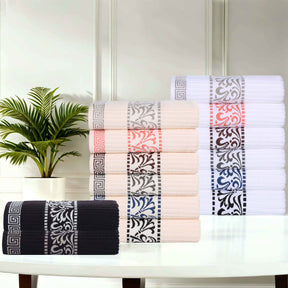 Athens Cotton Medium Weight Floral Greek Key Trim 3 Piece Towel Set - Towel Set by Superior