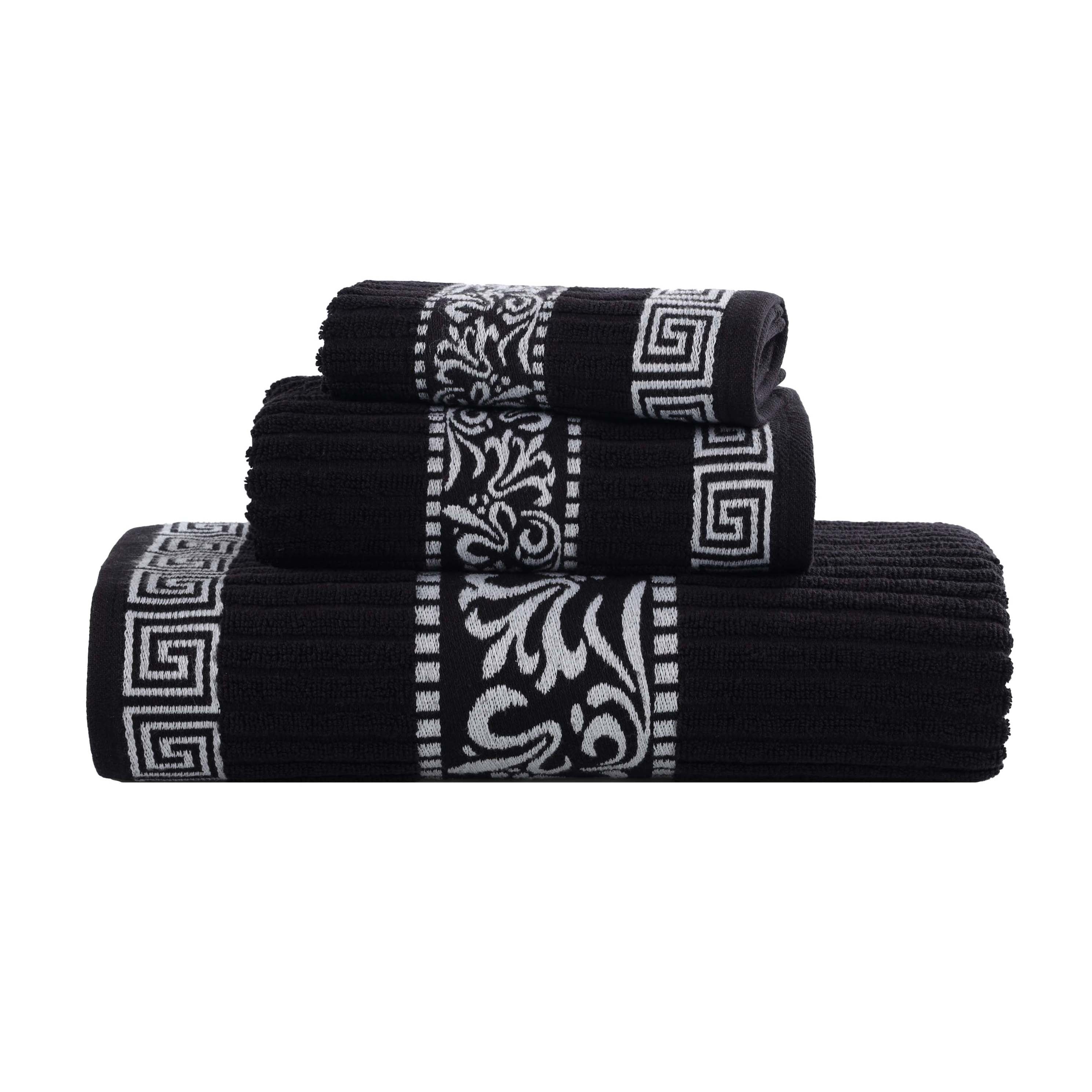 Athens Cotton Medium Weight Floral Greek Key Trim 3 Piece Towel Set - Towel Set by Superior