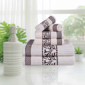 Athens Cotton Medium Weight Floral Greek Key Trim 6 Piece Towel Set - Towel Set by Superior