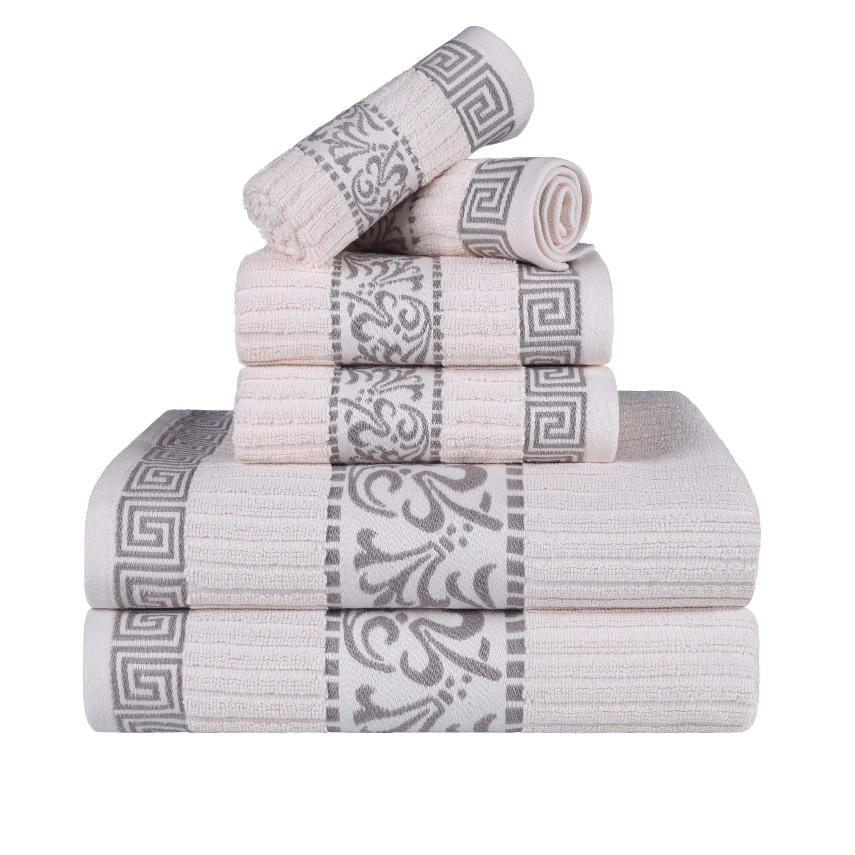 Athens Cotton Medium Weight Floral Greek Key Trim 6 Piece Towel Set - Towel Set by Superior