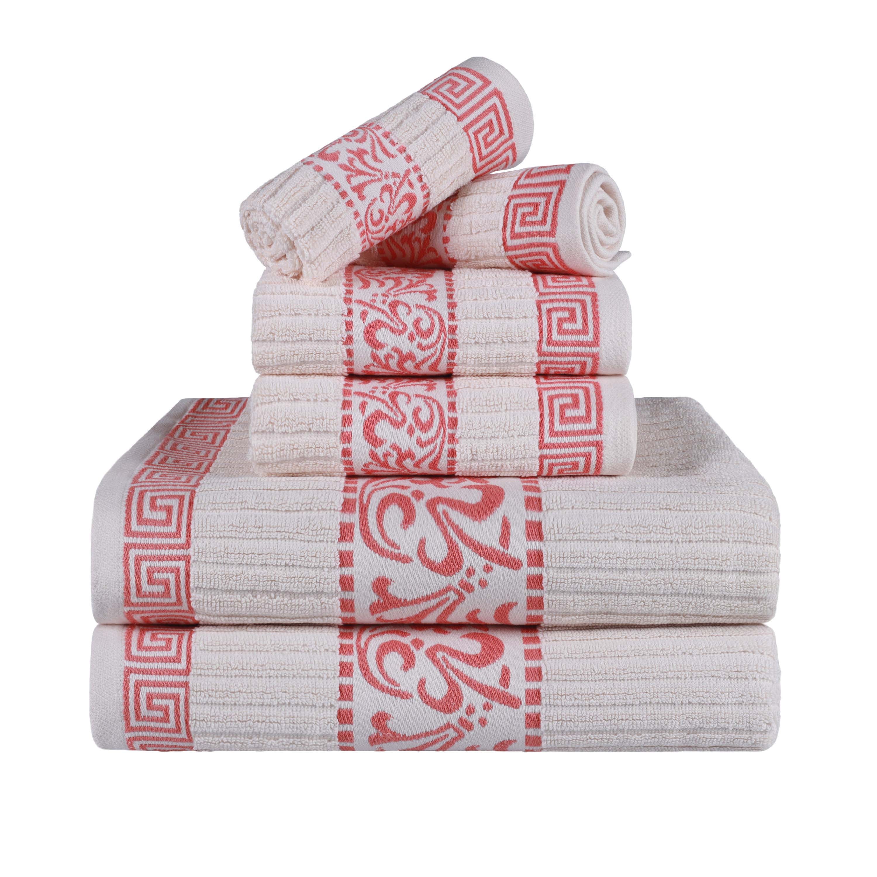 Athens Cotton Medium Weight Floral Greek Key Trim 6 Piece Towel Set - Towel Set by Superior